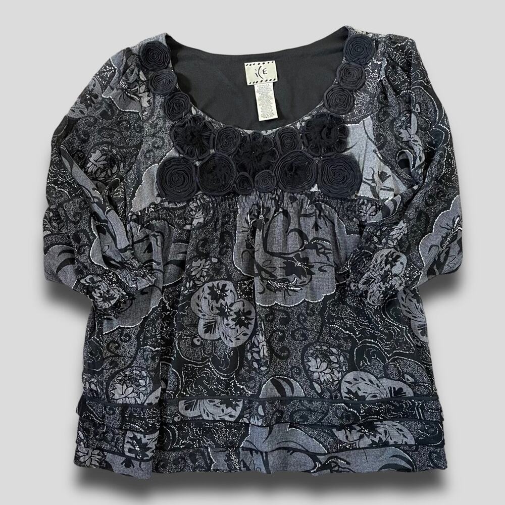 VINTAGE LS EMPIRE WAIST ICE ROSE FLORAL DETAIL BLACK GRAY SIZE LARGE